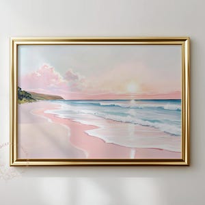 Rosa Strand Sonnenuntergang Druck: Küstenlandschaft, Strandhaus Kunst (Digitaler Download)