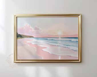 Pink Beach Sunset Print: Coastal Landscape, Beach House Art (Digital Download)