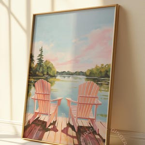Cottage Art Print, Adirondack Chairs on the Lake Landscape Printable Wall Art, Summer Cabin Wall Decor, Lake house poster, Digital Download