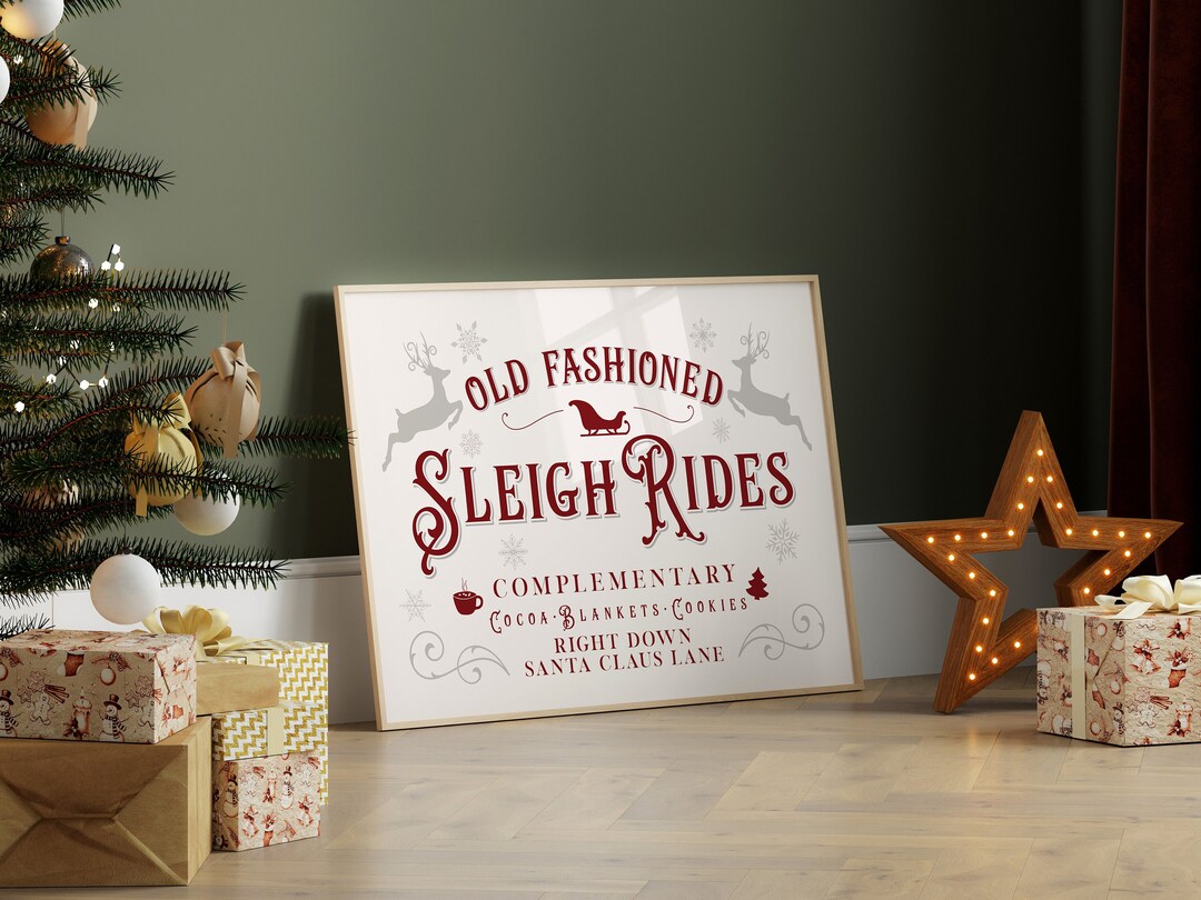 Red Christmas Print, Sleigh Rides Sign, Holiday Printable Wall Art, Old