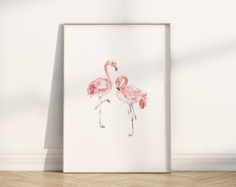 Flamingo Printable Wall Art, Pink Nursery Print, Girl's Room, Nursery Decor, Watercolor Print, Tropical Animal Print, Minimalist Home Decor