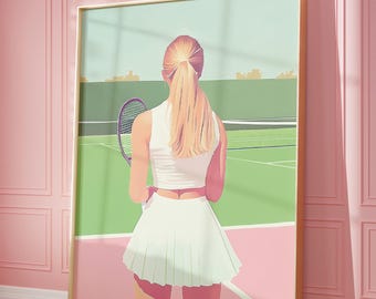 Pink Tennis Player Art Print: Preppy Girl Room Decor, Printable Wall Art (Digital Download)