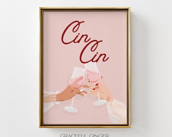 Impresión "Cin Cin Wine Cheers": Decoración moderna para carrito de bar en rosa (descarga digital)