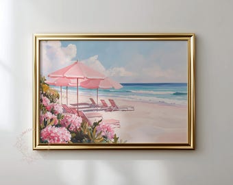 Pink Beach Umbrellas Art Print: Coastal Wildflower Landscape Wall Decor (Digital Download)