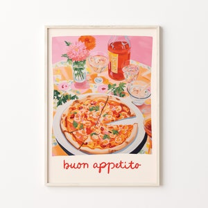 May include: A painting of a pizza with a slice cut out, a bottle of wine, and two glasses of wine on a pink tablecloth with the text "buon appetito" in red.