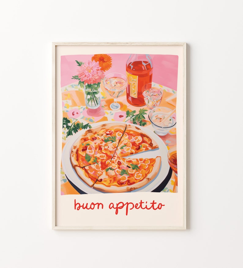May include: A painting of a pizza with a slice cut out, a bottle of wine, and two glasses of wine on a pink tablecloth with the text "buon appetito" in red.
