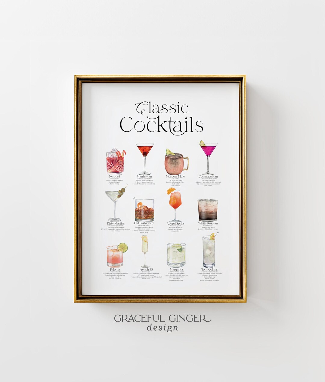 printable kitchen prints wall art, set of 6, hand... Watercolor Cocktails Recipe Print: Bar Cart Kitchen Wall Art (digital ...