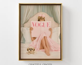 Woman Reading in Bed Wall Art: Pink Fashion Print | Girly Bedroom Decor (Printable Digital Download)