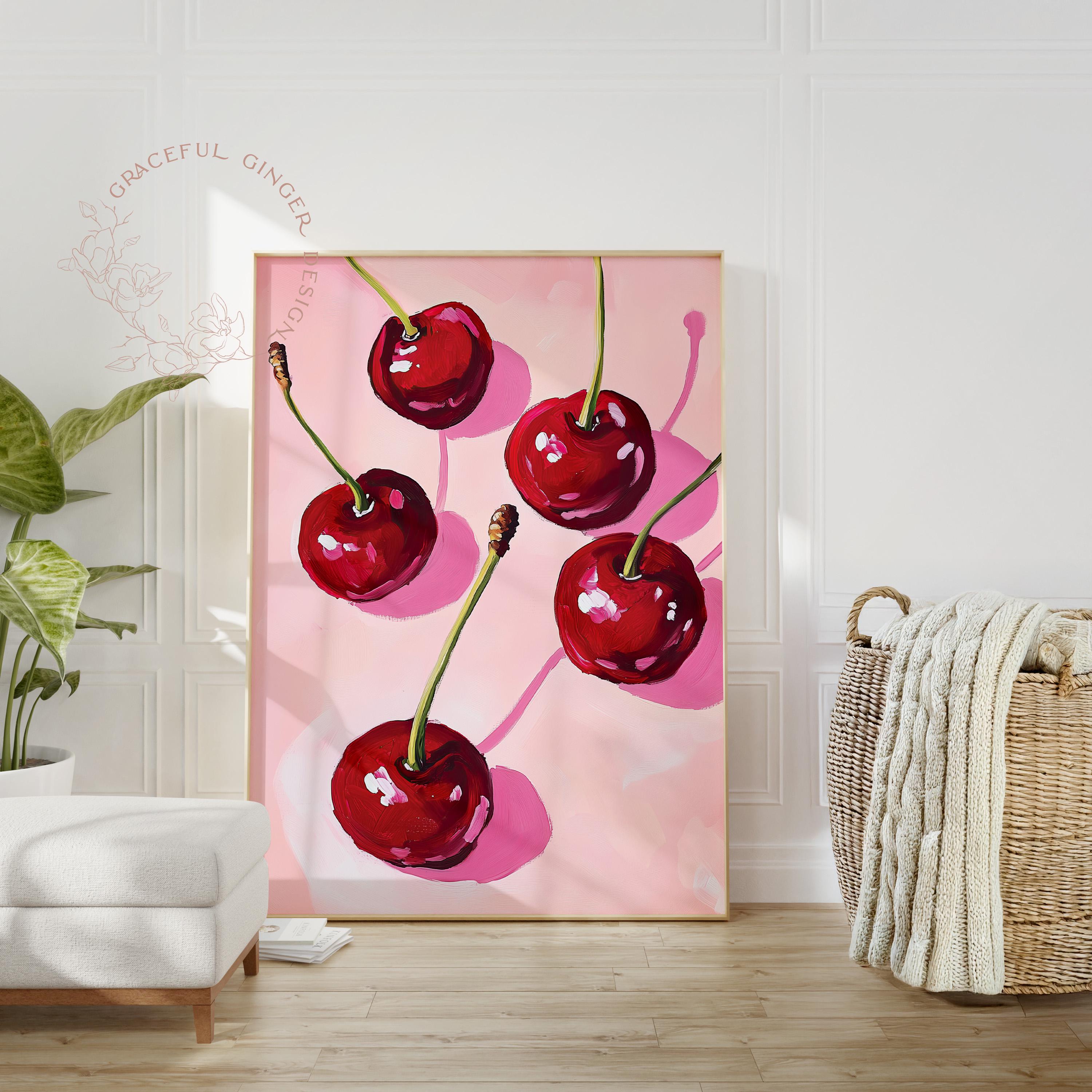 Cherries Pop Art Print: Modern Pink & Red Kitchen Decor (digital