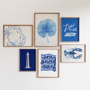 Può includere: Un set di sei stampe incorniciate blu e bianche con temi nautici. Le stampe mostrano un granchio, un faro, un'aragosta, una conchiglia e le parole "mare sabbia surf" e "bassa marea".