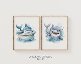 Shark Bathroom Print Set, Kids Wall Art Decor (Digital Download)