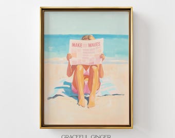 Woman on the Beach Wall Art: Beach Print | Pastel Coastal Summer Decor (Digital Download)