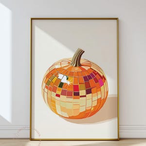 Disco Pumpkin Art Print, Preppy Fall Printable Wall Art, Fall Home Decor, Trendy Thanksgiving Decor, Glam Disco Ball Poster