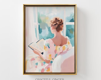 Woman Reading Art Print: Pastel Cozy Book Nook Wall Decor (Printable Digital Download)