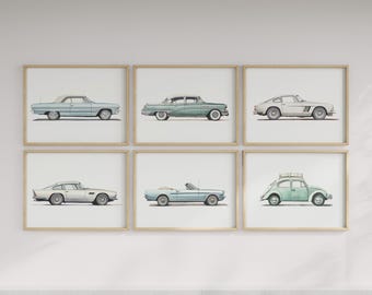 Vintage Car Prints Set of 6: Nursery Playroom Wall Art (digital