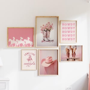 Lot de 6 oeuvres d'art murales cow-girl côtières, ensemble mural galerie, art mural imprimable, affiche western rose clair, affiche tendance, décoration de chambre preppy dortoir