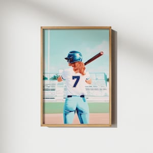 Softball Player Printable Wall Art, Sports Girly Poster Gift for Her, Cute Girls Room Art, Preppy Blue Sporty Decor, Digital Download