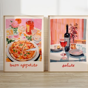 Pizza And Wine Prints, Kitchen Printable Wall Art, Modern Italian Set of 2 Quote Prints, Buon Appetito Sign, Salute Print, Instant Download