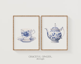 Juego de láminas de taza y tetera: Arte de cocina chinoiserie azul (Descarga digital)