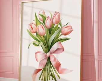 Spring Tulips Printable Wall Art, Pink Bouquet Pink Bow Print, Pink and Green Botanical poster, Colorful Flowers Poster, Easter Wall Decor