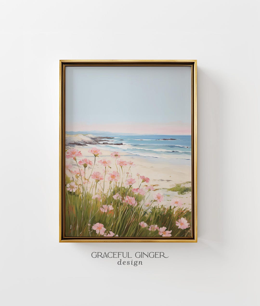 Pink Wildflower Coastal Landscape Art Print: Beach House Decor ...