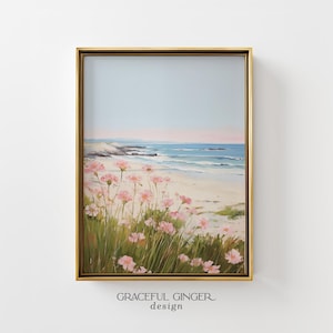 Roze wilde bloemen kustlandschapskunstprint: strandhuisdecor (afdrukbare digitale download)