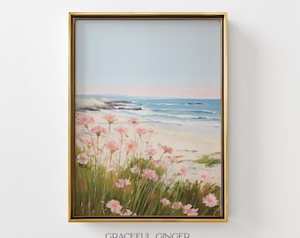 Pink Wildflower Coastal Landscape Art Print: Beach House Decor (Printable Digital Download)