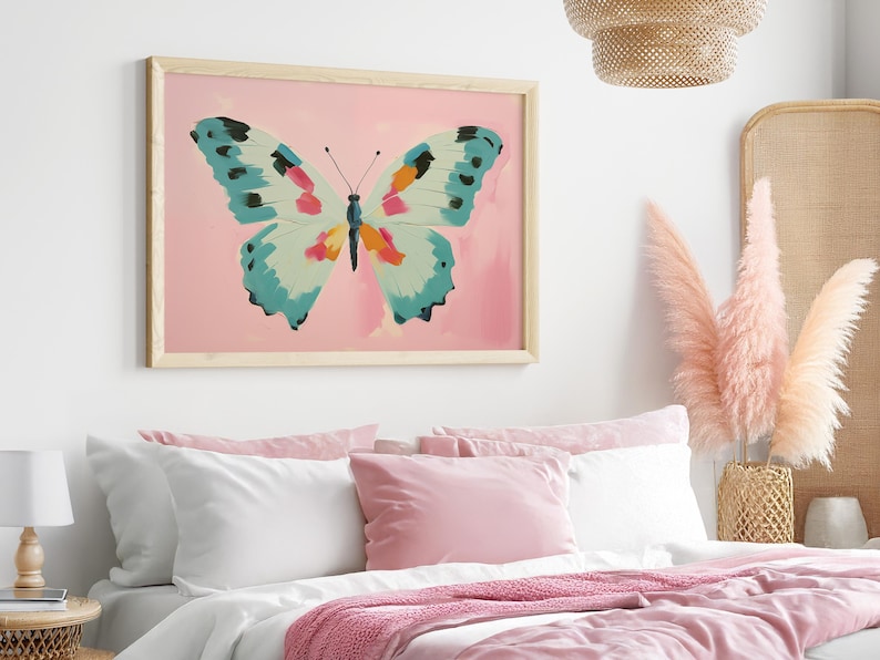 Colorful Butterfly Printable Wall Art, Pastel Pink Teal Girl's Room
