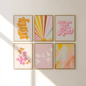 Pink and Orange Gallery Wall Set, Eclectic Print Set of 6 Teen Girl Room Decor, Preppy Colorful Pink Wall Art, Trendy Collage Dorm Posters