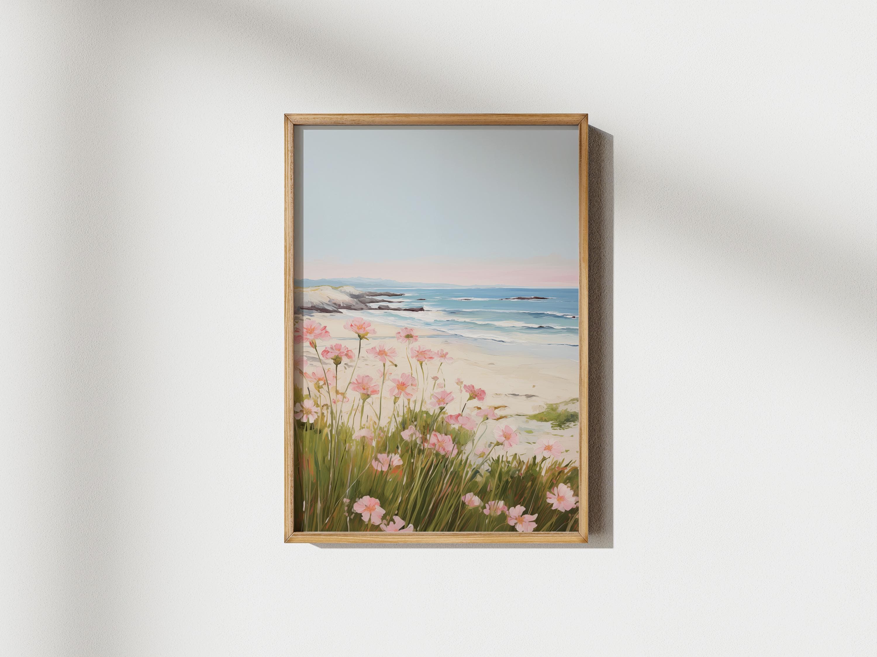 Pink Wildflower Coastal Landscape Art Print: Beach House Decor ...