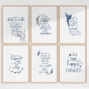 Peter Pan Quotes, Nursery Print Set of 6, Blue-Gray Watercolor Printable Wall Art