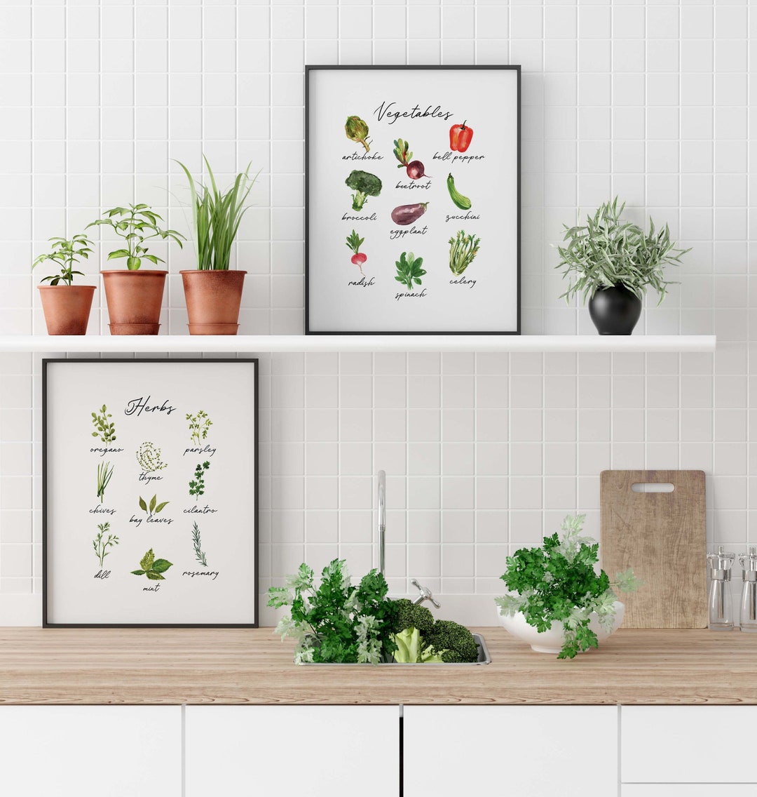 Kitchen Herb Print Set of 2, Food Wall Art, Herbs and Vegetable ...