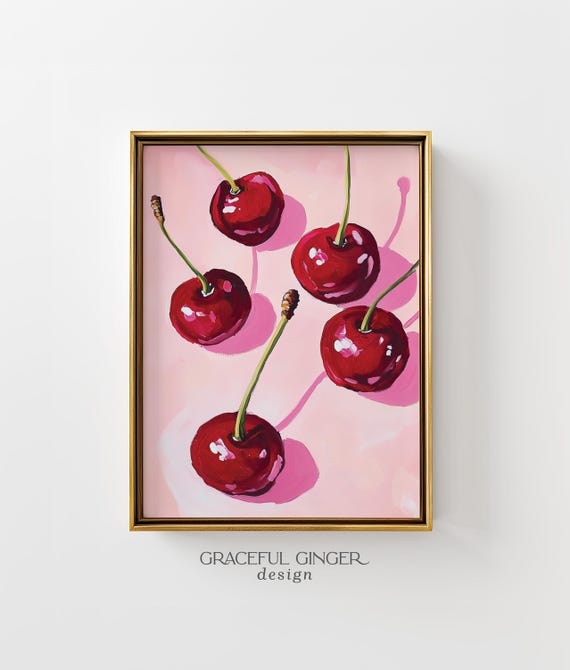 Cherries Pop Art Print: Modern Pink & Red Kitchen Decor (digital