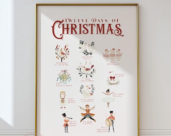 Stampa della canzone vintage "Twelve Days of Christmas": decorazione murale natalizia (download digitale)