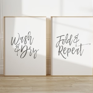 Laundry Room Print Set of 2, Printable Wall Art Quotes, Farmhouse Home Decor, Wash Dry Fold Repeat, Gray wall posters