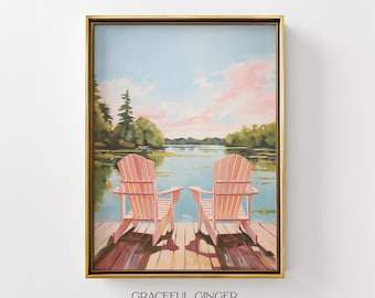 Cottage Lake Art Print: Adirondack Chairs, Summer Cabin Decor (Printable Digital Download)