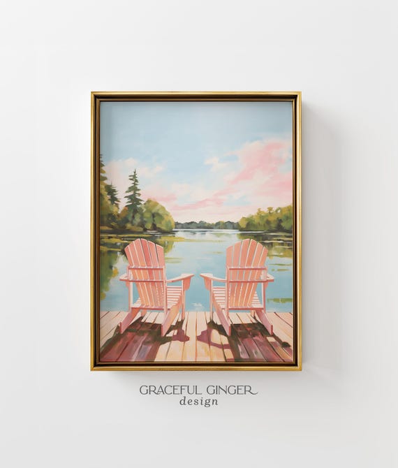 Cottage Lake Art Print: Adirondack Chairs, Summer Cabin Decor (Printable Digital Download)