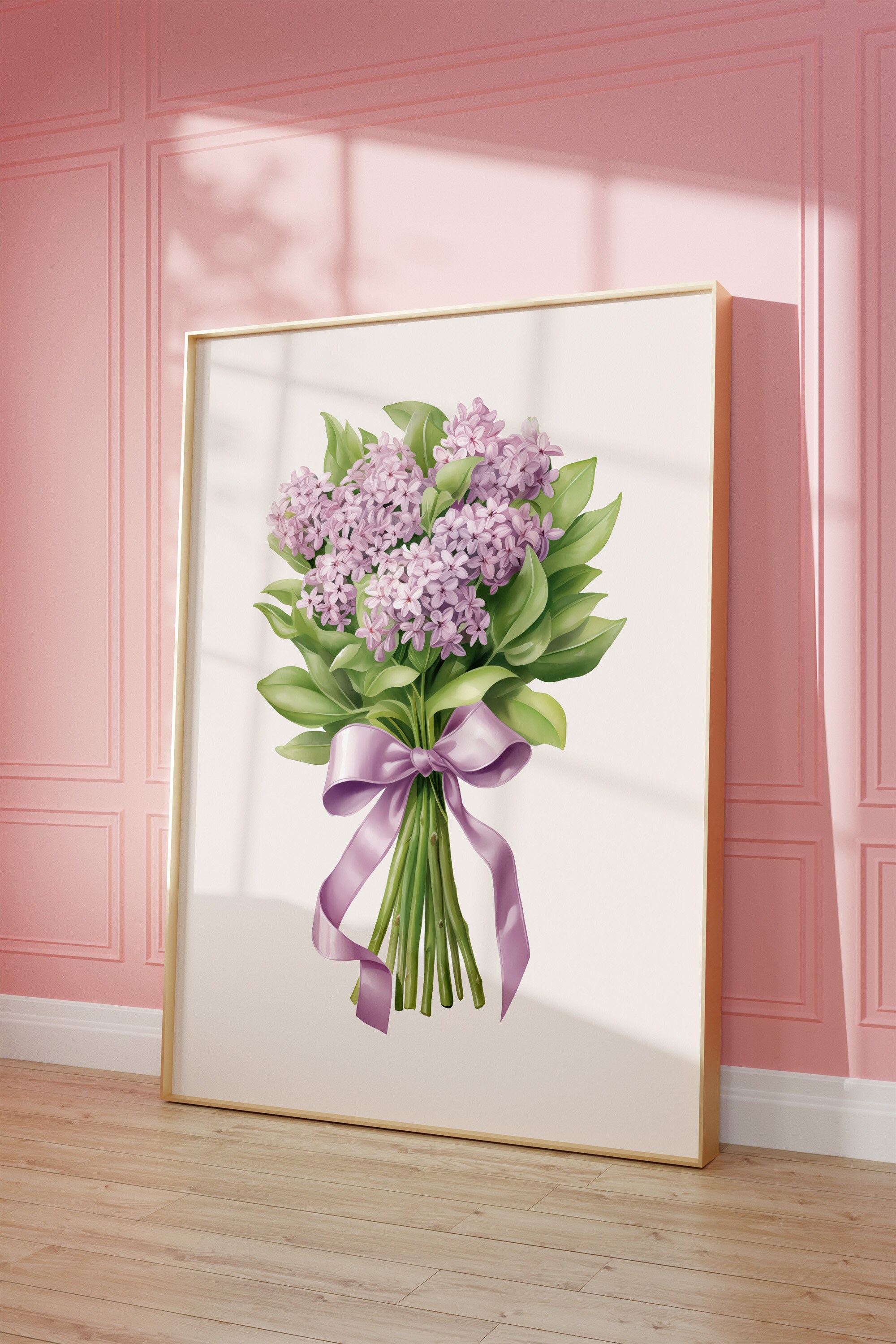Spring Lilacs Printable Wall Art, Purple Bouquet Pink Bow Print, Violet Botanical poster, Colorful Flowers Poster, Easter Wall Decor