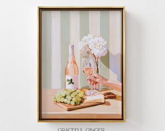 Pink Green Wine Art Print: French Country Kitchen Wall Decor, Blush Pink Rosé Printable (Digital Download)