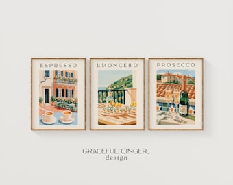 Italian Summer Art Print Set of 3: Espresso Prosecco Limoncello | Kitchen Wall Decor (Digital Download)