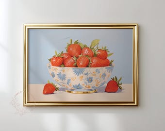 Aardbeikunstprint: aardbeien keukenmuurdecoratie (digitale download)
