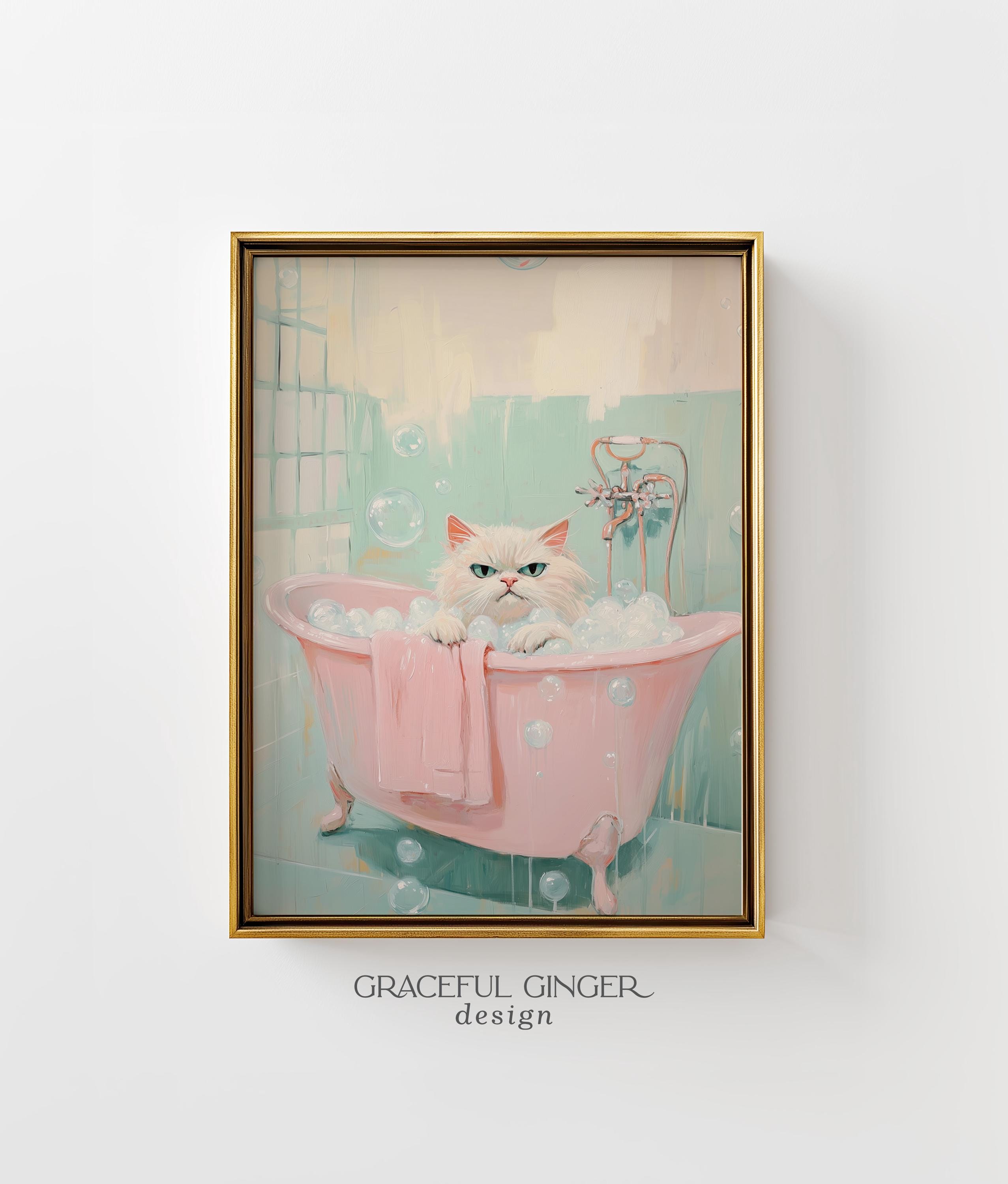 Funny Cat in Bathtub Print: Pink Teal Bathroom Wall Art (digital ...
