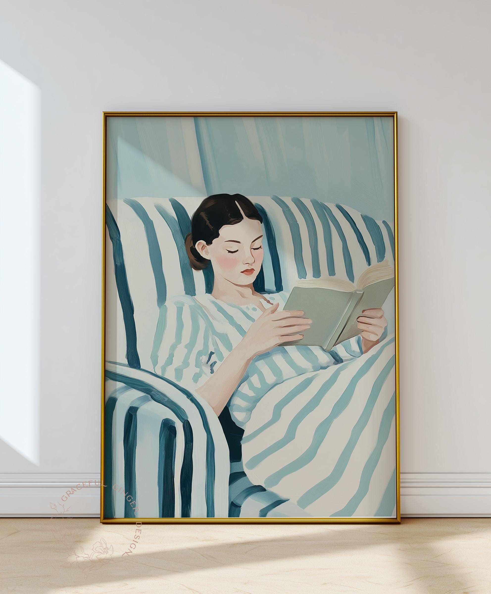 読書をする女性の青い抽象画：読書好きの壁アート（印刷可能なデジタル