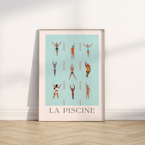 Arte de pared imprimible minimalista con piscina, impresión de nadadores, póster de arte estético verde azulado, arte de verano, decoración de baño estilo deco, póster de natación