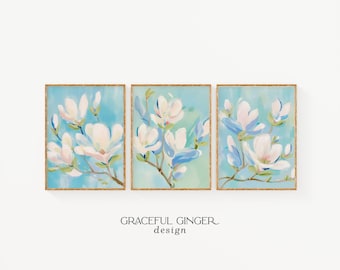 Blue Floral Wall Art Set of 3: Botanical Flowers Prints | Grandmillennial Pastel Magnolia Decor | (Digital Download)