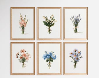 Botanical Floral Wall Art Set of 6: Vintage Wildflowers Bouquet Prints | Blue & Blush Pink Decor (Digital Download)