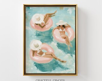 Pool Wall Art: Pink Blue Coastal Decor | Summer Swimming Poolside Print (Digital Download)