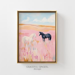 Wild Horses in a Pink Field Print: Preppy Western Printable wall art (Digital Download)