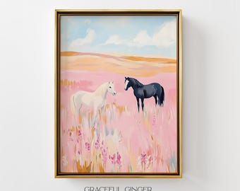 Wild Horses in a Pink Field Print: Preppy Western Printable wall art (Digital Download)