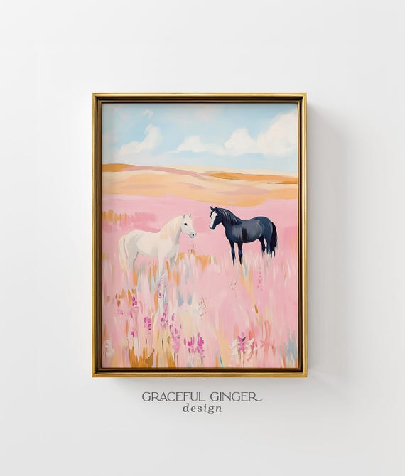 Wild Horses in a Pink Field Print: Preppy Western Printable wall art (Digital Download)